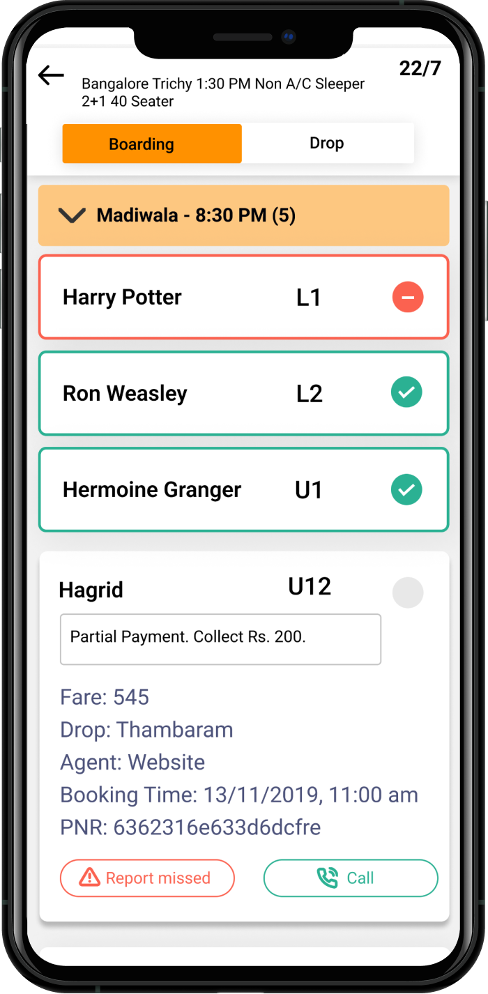 QwikBus mobile app boarding list with passenger check-in