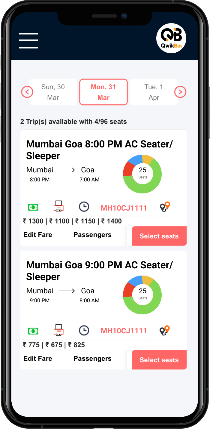 QwikBus mobile app trip selection with seat availability and fare details