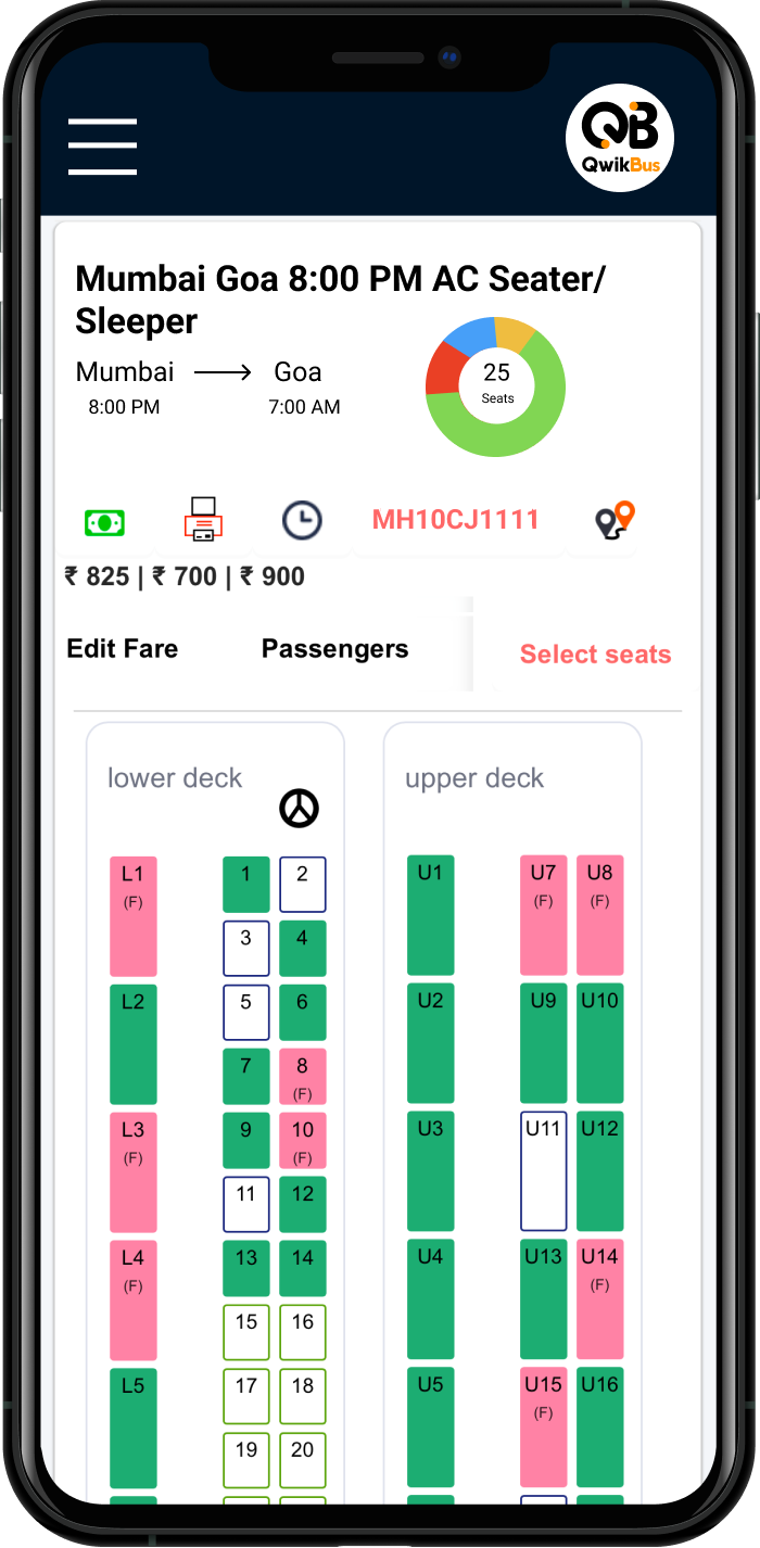 QwikBus mobile app seat layout showing lower and upper deck